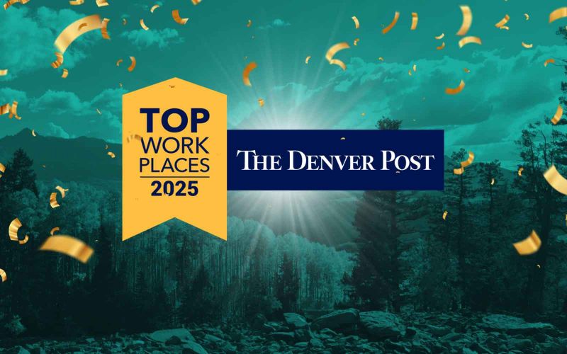 A celebratory graphic announcing "The Denver Post Top Workplaces 2025" award.