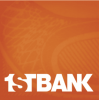 Orange square with white text along bottom edge that reads 1st Bank