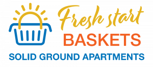 Logo for Fresh Start Baskets, Solid Ground Apartments. An icon on the left shows a yellow sun rising out of a blue shopping basket. To the right, the text reads "Fresh start" in yellow script and "BASKETS" in orange caps. Below, the words "SOLID GROUND APARTMENTS" are written in blue.