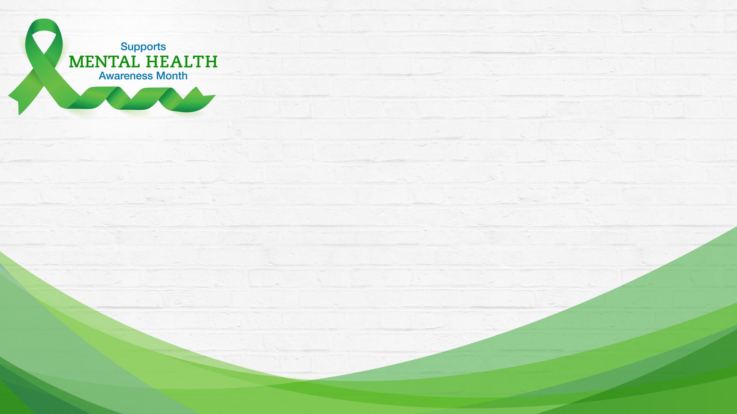 A digital background with a white brick wall texture. At the top left, a green awareness ribbon is next to the words, "Jefferson Center Supports Mental Health Awareness Month." At the top right is the Jefferson Center logo. Green abstract waves decorate the bottom of the image.