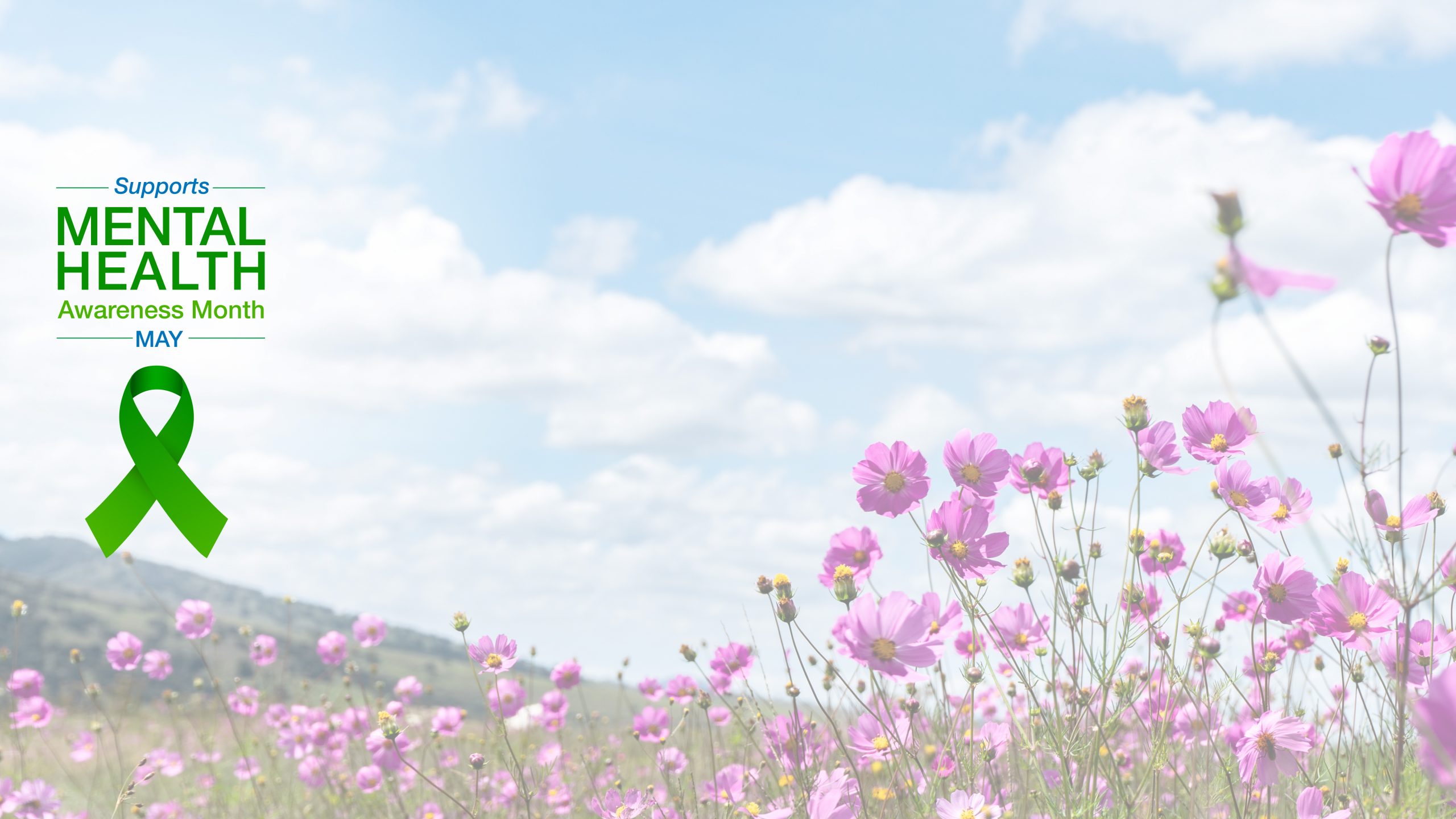 A digital background for virtual meetings. The background is a serene photograph of a field of pink wildflowers under a blue sky with clouds. On the left side is the Jefferson Center logo and text that reads, "Supports Mental Health Awareness Month - MAY," along with a green awareness ribbon.