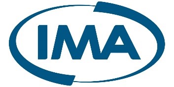 Logo for IMA. The bold, blue letters "IMA" are encircled by two curved blue swooshes