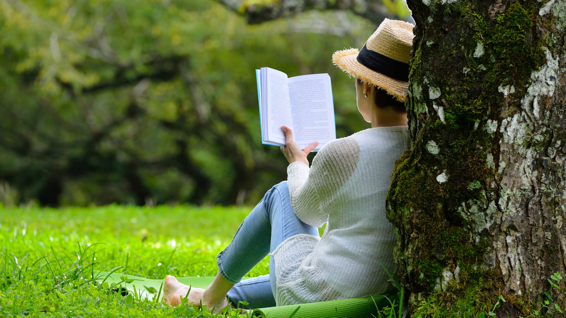 Seen from behind, a woman wearing a straw hat sits in the grass while leaning against a large, mossy tree and reading a book. She is sitting on a green mat in a lush park.