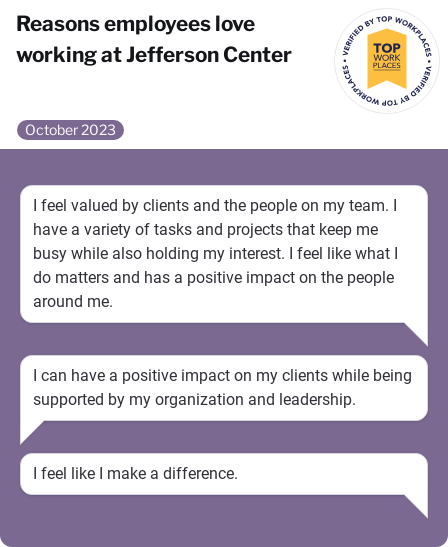 An infographic  titled, "Reasons employees love working at Jefferson Center," featuring three employee testimonials in speech bubbles, "I feel valued by clients and the people on my team. I have a variety of tasks and projects that keep me busy while also holding my interest. I feel like what I do matters and has a positive impact on the people around me.", "I can have a positive impact on my clients while being supported by my organization and leadership." , "I feel like I make a difference."
