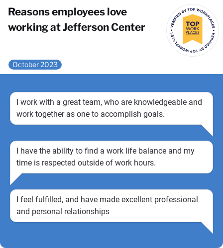 An infographic  titled, "Reasons employees love working at Jefferson Center," which lists three employee testimonials, "I work with a great team, who are knowledgeable and work together as one to accomplish goals." , "I have the ability to find a work life balance and my time is respected outside of work hours." , "I feel fulfilled, and have made excellent professional and personal relationships."