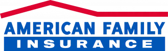 The logo for American Family Insurance. A red outline of a roof sits above the company name, which is written in blue text on two lines: "AMERICAN FAMILY" and "INSURANCE."