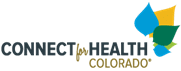 Logo with text that reads Connect for Health Colorado and flower design in blue, green, and yellow at top right corner