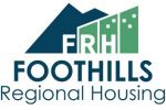 Logo with outline of mountain that blends with outline of apartment complexes and the letters FRH along the mountains and houses with text that reads Foothills Regional Housing