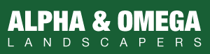 Logo with dark green background and white text that reads Alpha & Omega Landscapers