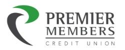 Logo for Premier Members Credit Union. A stylized letter 'P' icon, formed by a green and a gray swoosh, is on the left. To the right, the text reads "Premier Members Credit Union" in gray letters.