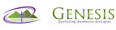 Logo for Genesis. The text reads "GENESIS" in a large, green gradient font, with the tagline "Outfitting Authentic Disciples" below it in purple. To the left is an icon of a purple cross set against green mountains, framed by two purple swooshes.