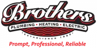 Logo for Brothers Plumbing, Heating, and Electric. The word "Brothers" is in a large white script with a red outline. Below, a black banner reads "PLUMBING • HEATING • ELECTRIC". A line of red text is at the bottom.