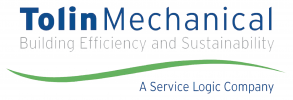 Text in blue that reads Tolin Mechanical Building Efficiency and Sustainability with a green swooshed line then more text reading A service logic company