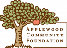 logo for the Applewood Community Foundation. The logo features a stylized illustration of a large apple tree with green leaves and a single red apple.