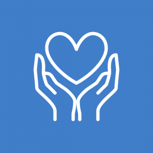 White line-art icon on a blue background, showing two hands cupped underneath a heart